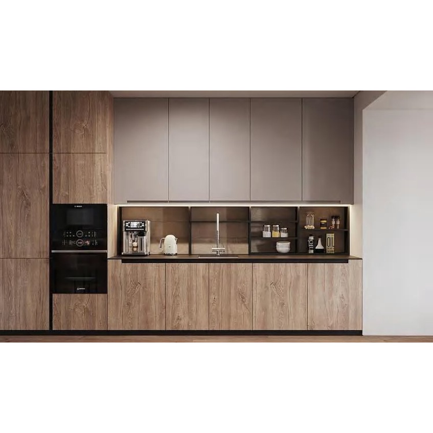 BUILD SOURCE™ Modern Sand Beige Woodgrain Melamine Kitchen — Galley M009 — 8" x 12" Sample