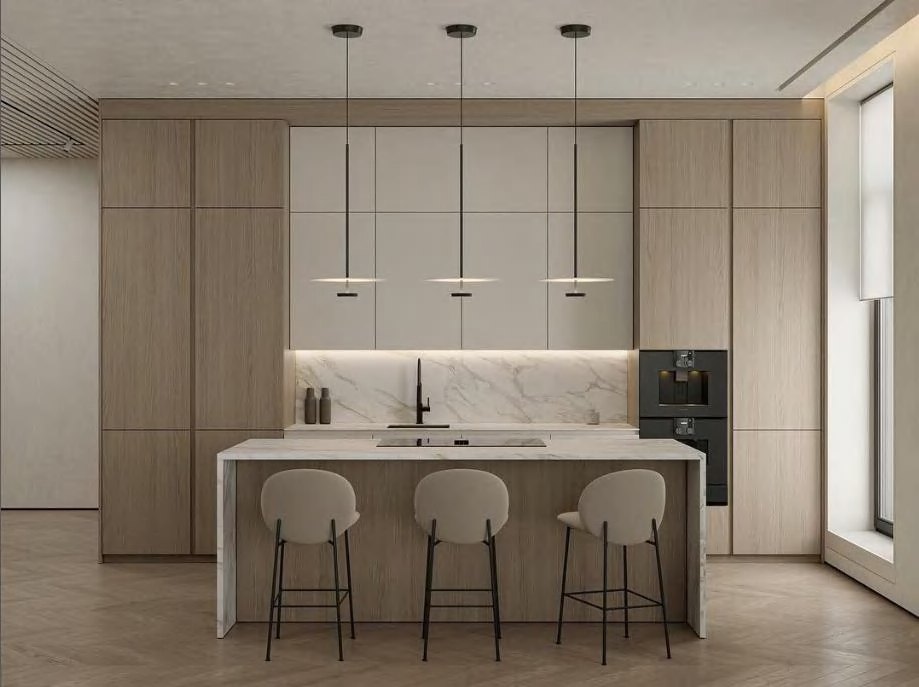 BUILD SOURCE™ Modern Sand Beige Woodgrain Melamine Kitchen — Peninsula M011 — 8" x 12" Sample