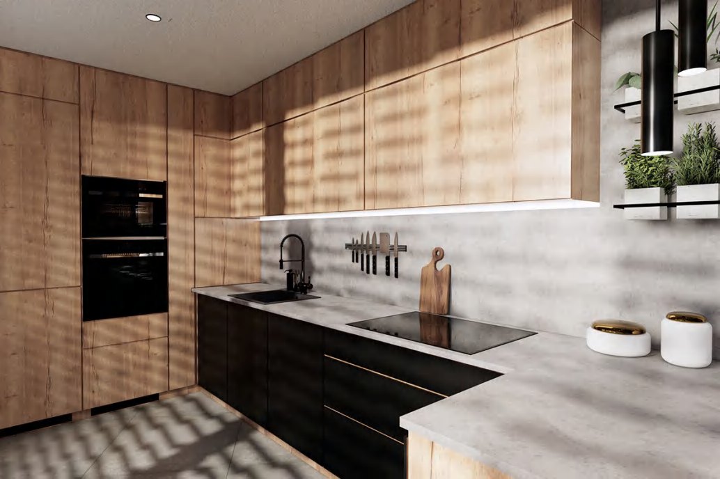 BUILD SOURCE™ Modern Sand Beige Woodgrain Melamine Kitchen — Galley M023 — 8" x 12" Sample