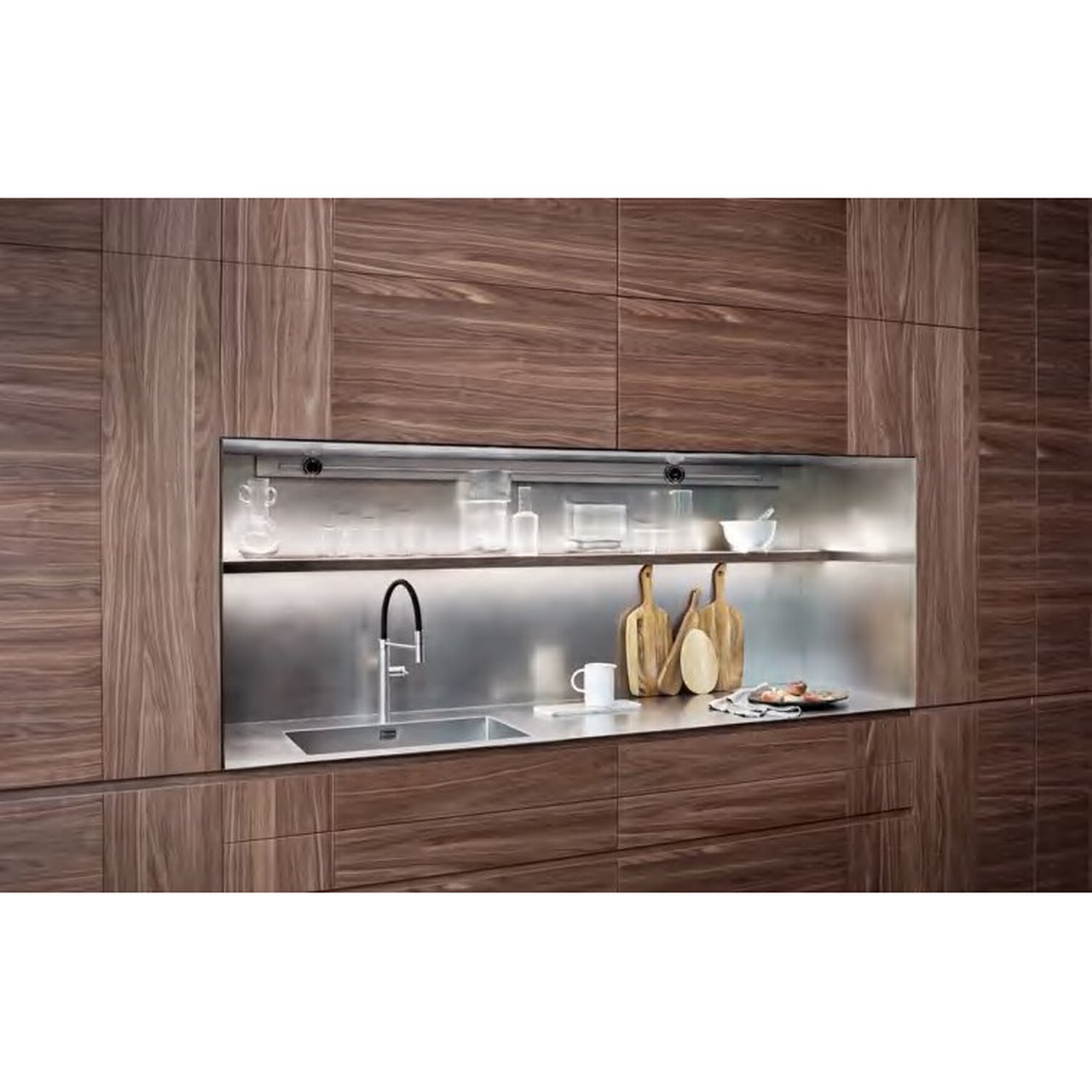 BUILD SOURCE™ Modern Walnut Woodgrain Melamine Kitchen — L-Shape M036 — 8" x 12" Sample