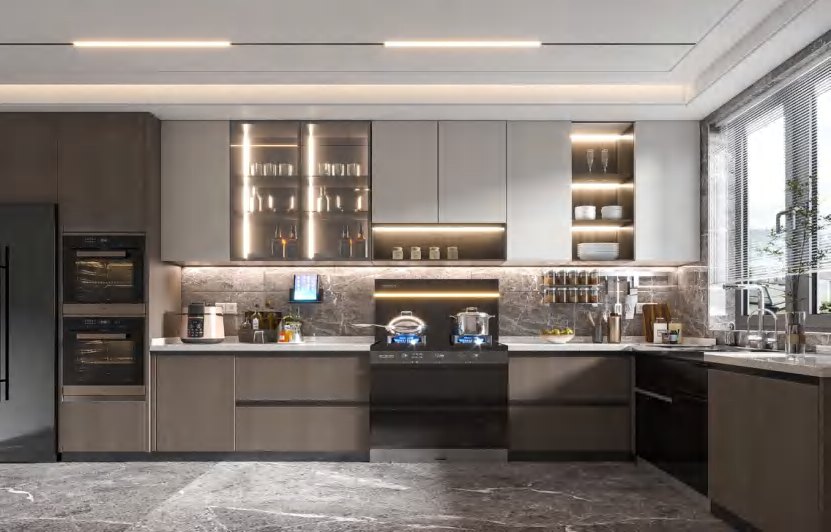 BUILD SOURCE™ Modern Sand Beige Woodgrain Melamine Kitchen — Galley M054 — 8" x 12" Sample