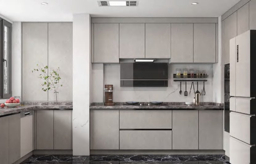 BUILD SOURCE™ Modern Light Grey Woodgrain Melamine Kitchen — Peninsula M055 — 8" x 12" Sample