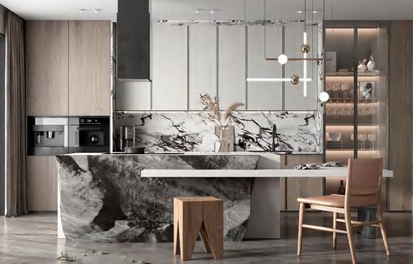 BUILD SOURCE™ Modern Sand Beige Woodgrain Melamine Kitchen — U-Shape M056 — 8" x 12" Sample