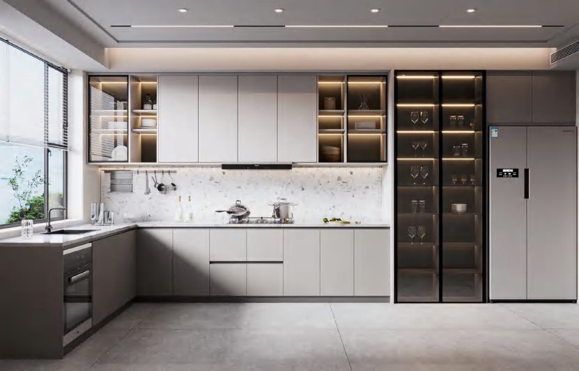 BUILD SOURCE™ Modern Greige Woodgrain Melamine Kitchen — Open-Plan M057 — 8" x 12" Sample