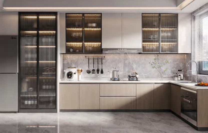BUILD SOURCE™ Modern Sand Beige Woodgrain Melamine Kitchen — Island M058 — 8" x 12" Sample