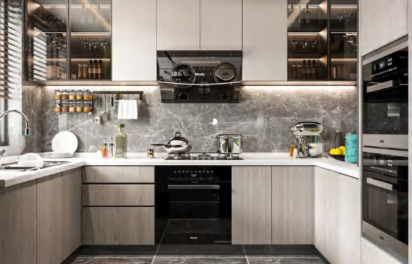 BUILD SOURCE™ Modern Sand Beige Woodgrain Melamine Kitchen — U-Shape M061 — 8" x 12" Sample