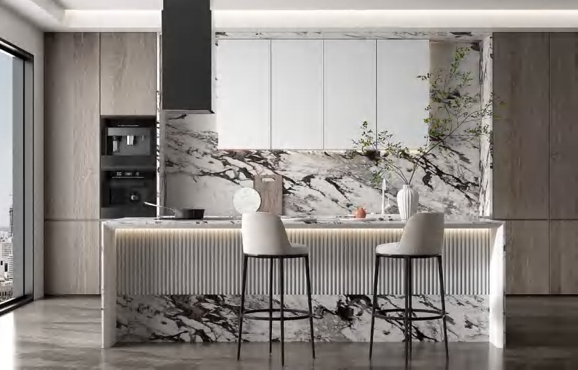 BUILD SOURCE™ Modern Sand Beige Woodgrain Melamine Kitchen — Open-Plan M064 — 8" x 12" Sample