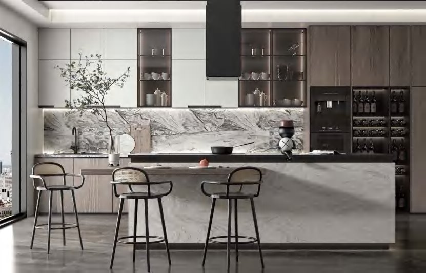 BUILD SOURCE™ Modern Sand Beige Woodgrain Melamine Kitchen — L-Shape M065 — 8" x 12" Sample