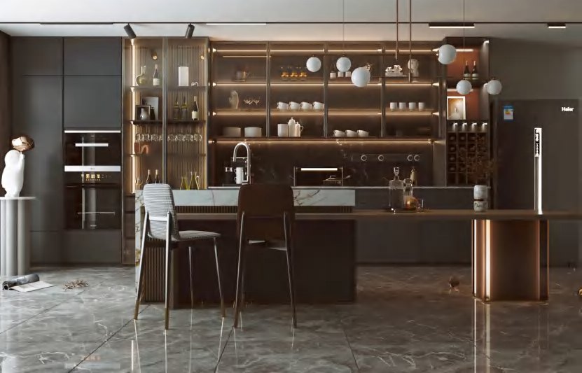 BUILD SOURCE™ Modern Walnut Woodgrain Melamine Kitchen — Galley M066 — 8" x 12" Sample