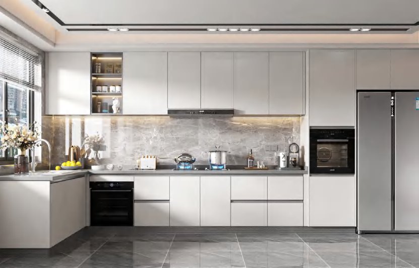 BUILD SOURCE™ Modern Light Grey Woodgrain Melamine Kitchen — Open-Plan M069 — 8" x 12" Sample