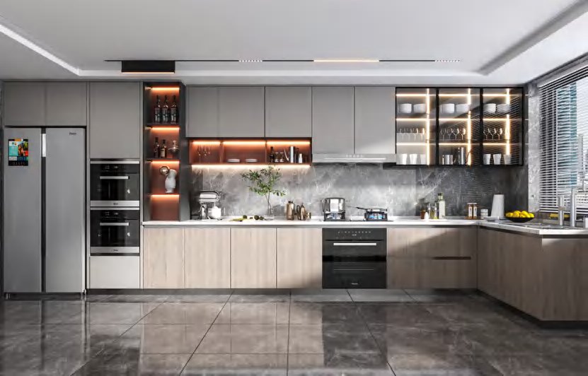 BUILD SOURCE™ Modern Greige Woodgrain Melamine Kitchen — L-Shape M072 — 8" x 12" Sample