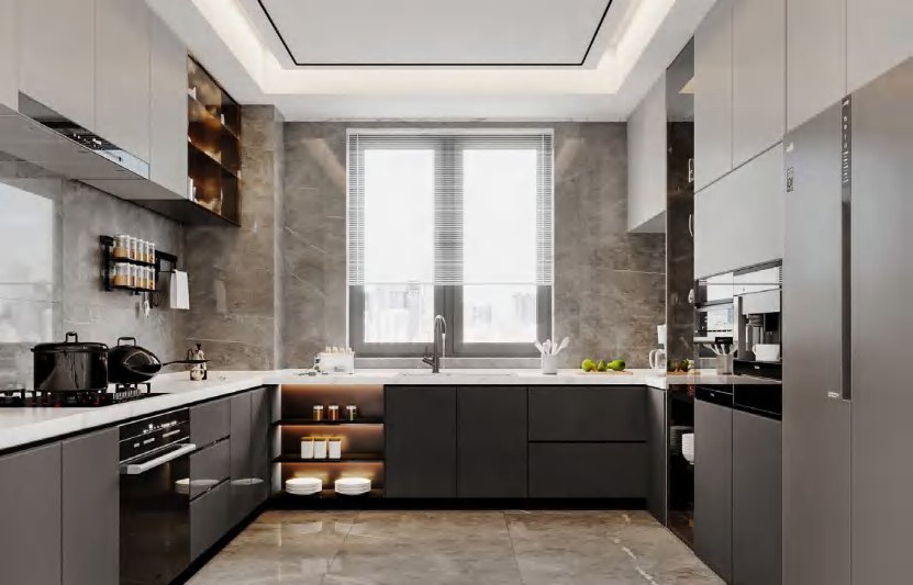 BUILD SOURCE™ Modern Sand Beige Woodgrain Melamine Kitchen — Peninsula M074 — 8" x 12" Sample
