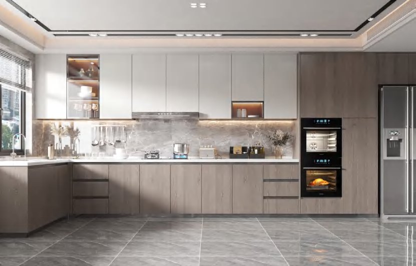 BUILD SOURCE™ Modern Natural Oak Woodgrain Melamine Kitchen — Open-Plan M076 — 8" x 12" Sample