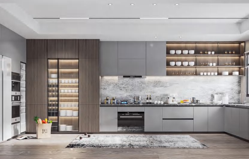 BUILD SOURCE™ Modern Light Grey Woodgrain Melamine Kitchen — L-Shape M077 — 8" x 12" Sample