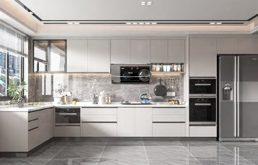 BUILD SOURCE™ Modern Light Grey Woodgrain Melamine Kitchen — Open-Plan M081 — 8" x 12" Sample