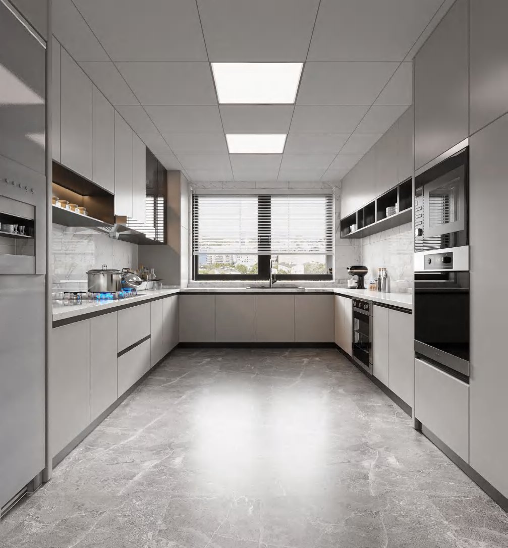 BUILD SOURCE™ Modern Light Grey Woodgrain Melamine Kitchen — Island M082 — 8" x 12" Sample