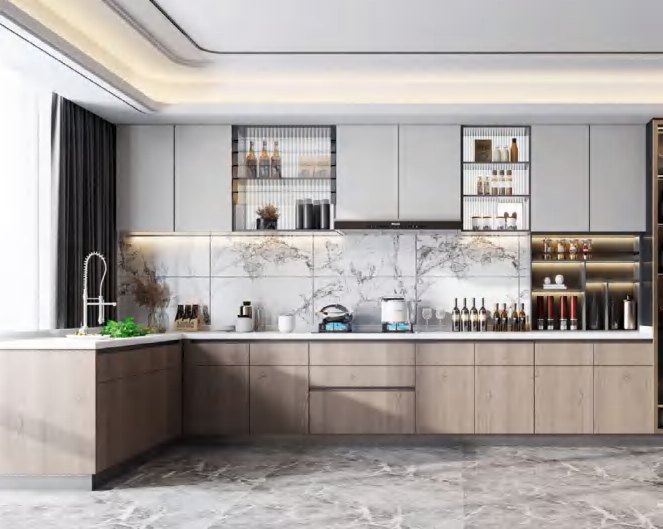 BUILD SOURCE™ Modern Light Grey Woodgrain Melamine Kitchen — Galley M084 — 8" x 12" Sample