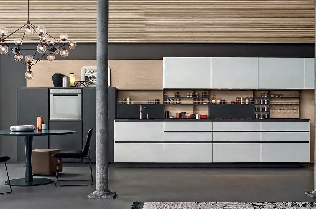 BUILD SOURCE™ Modern Sand Beige High-Gloss PET Kitchen — Galley P055 — 8" x 12" Sample