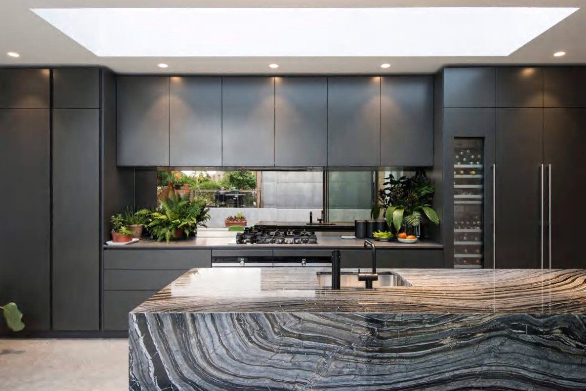 BUILD SOURCE™ Modern Greige High-Gloss PET Kitchen — Open-Plan P058 — 8" x 12" Sample