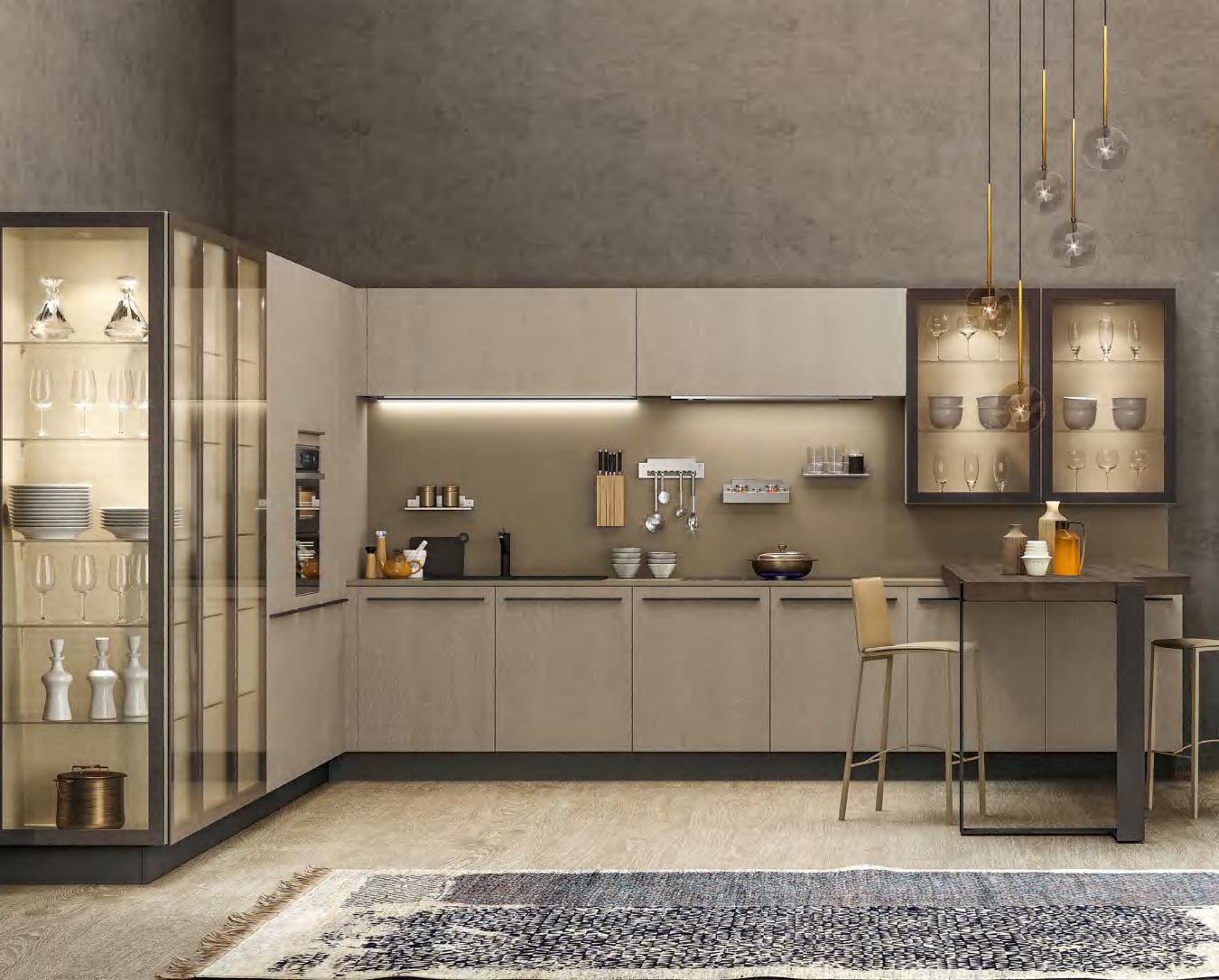 BUILD SOURCE™ Modern Sand Beige High-Gloss PET Kitchen — L-Shape P063 — 8" x 12" Sample