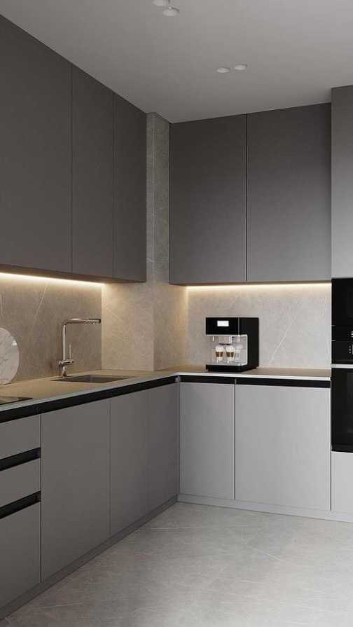 BUILD SOURCE™ Modern Greige High-Gloss PET Kitchen — Galley P064 — 8" x 12" Sample