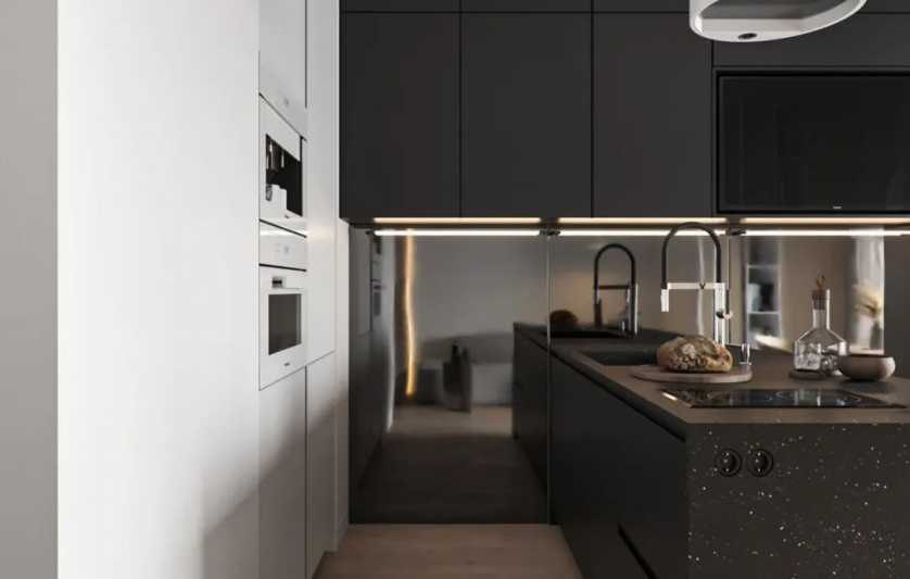 BUILD SOURCE™ Modern Greige High-Gloss PET Kitchen — L-Shape P070 — 8" x 12" Sample