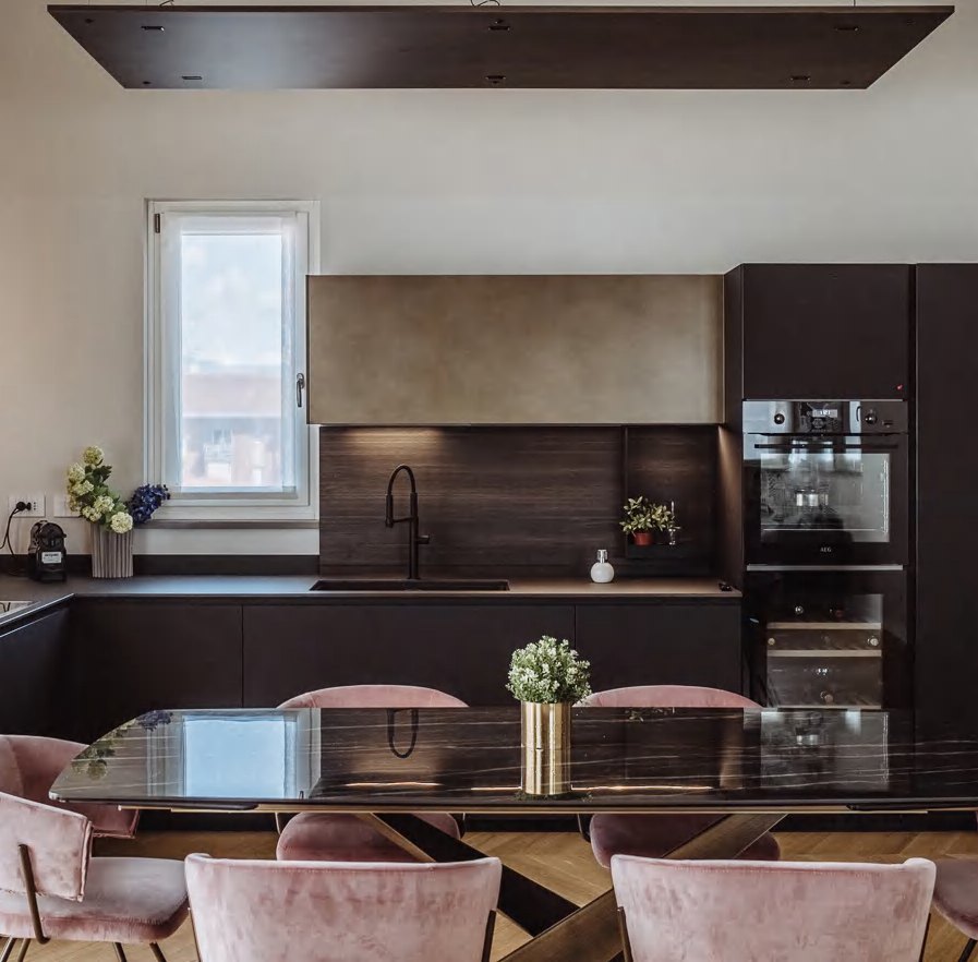 BUILD SOURCE™ Modern Walnut High-Gloss PET Kitchen — Peninsula P074 — 8" x 12" Sample