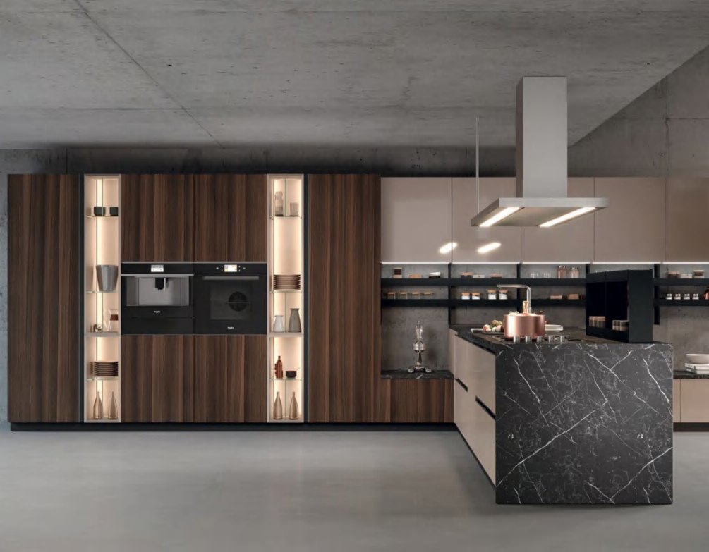 BUILD SOURCE™ Modern Walnut High-Gloss PET Kitchen — Open-Plan P076 — 8" x 12" Sample