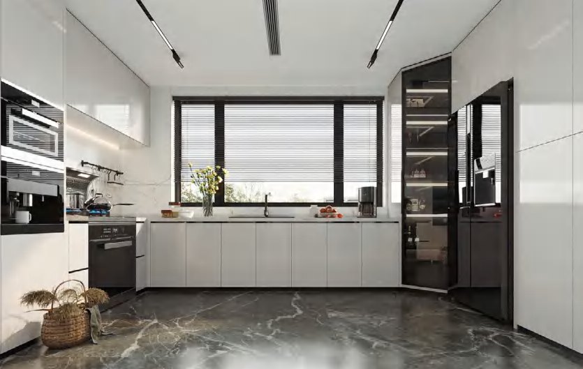 BUILD SOURCE™ Modern Light Grey High-Gloss PET Kitchen — L-Shape P117 — 8" x 12" Sample