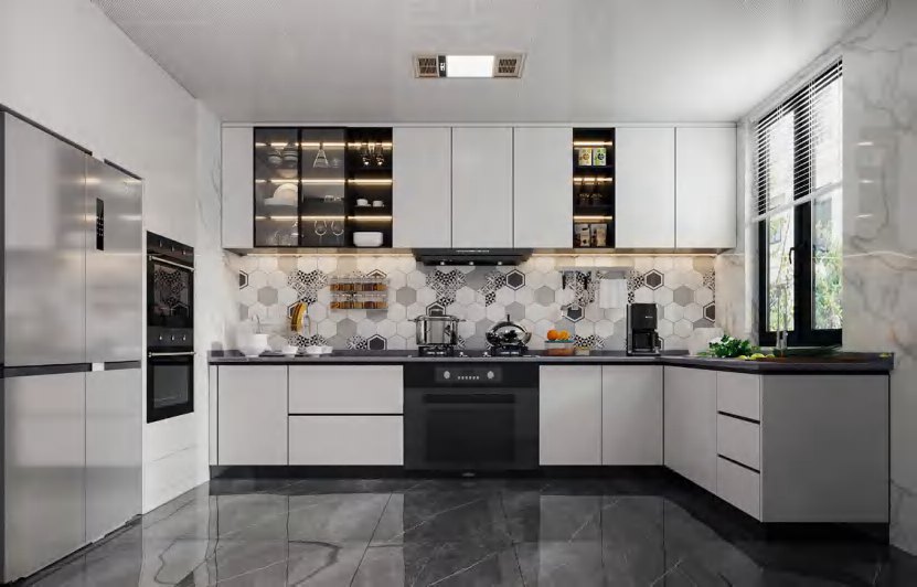 BUILD SOURCE™ Modern Greige High-Gloss PET Kitchen — U-Shape P118 — 8" x 12" Sample