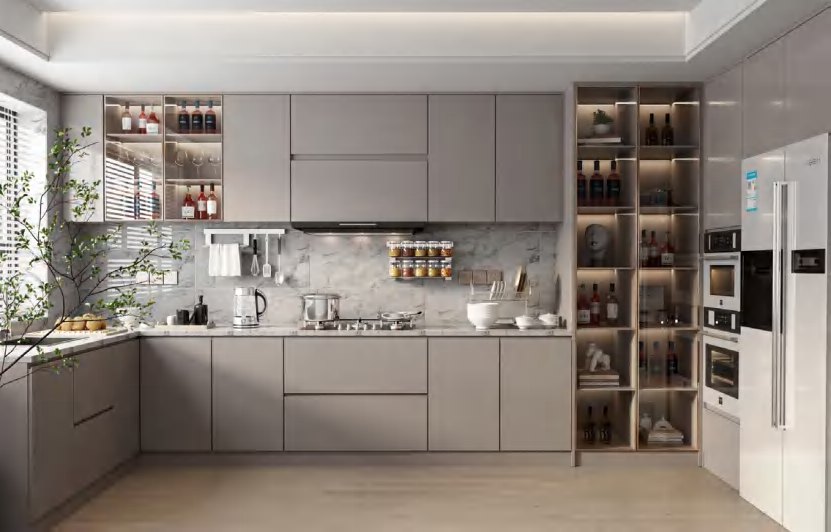 BUILD SOURCE™ Modern Sand Beige High-Gloss PET Kitchen — Peninsula P119 — 8" x 12" Sample