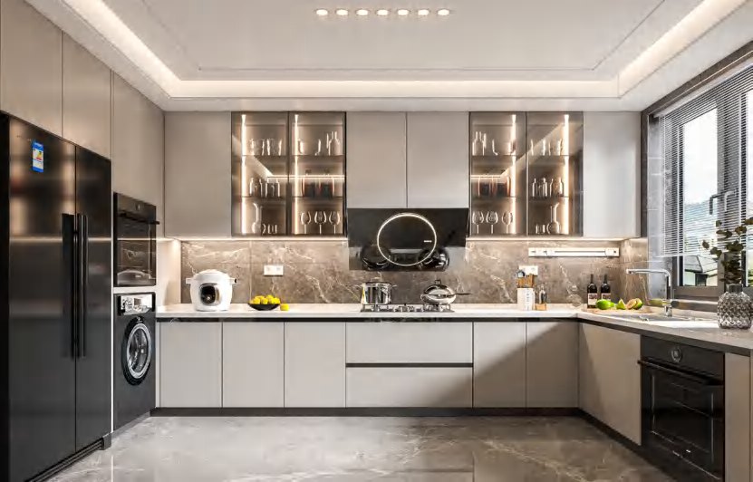 BUILD SOURCE™ Modern Natural Oak High-Gloss PET Kitchen — L-Shape P122 — 8" x 12" Sample