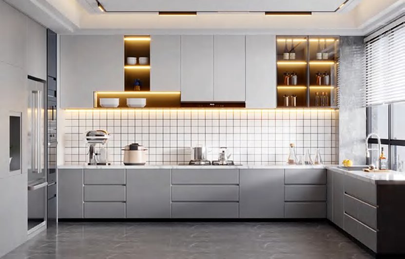 BUILD SOURCE™ Modern Natural Oak High-Gloss PET Kitchen — U-Shape P125 — 8" x 12" Sample