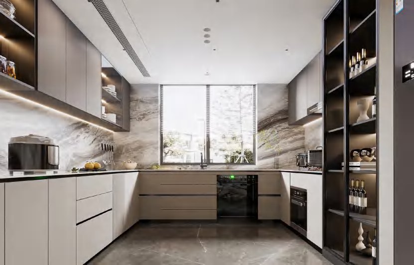 BUILD SOURCE™ Modern Sand Beige High-Gloss PET Kitchen — Island P127 — 8" x 12" Sample