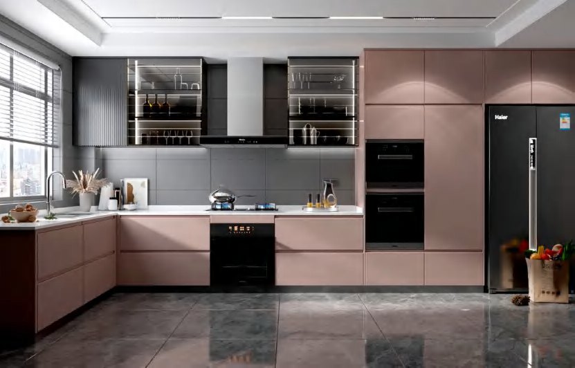 BUILD SOURCE™ Modern Walnut High-Gloss PET Kitchen — L-Shape P129 — 8" x 12" Sample