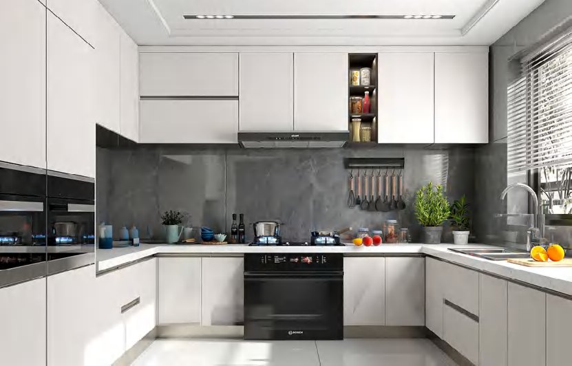 BUILD SOURCE™ Modern Light Grey High-Gloss PET Kitchen — U-Shape P130 — 8" x 12" Sample