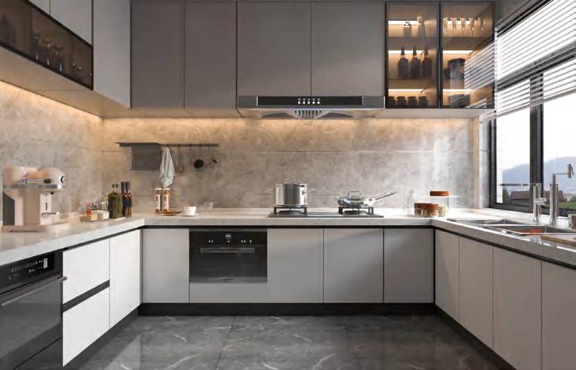 BUILD SOURCE™ Modern Sand Beige High-Gloss PET Kitchen — Peninsula P131 — 8" x 12" Sample