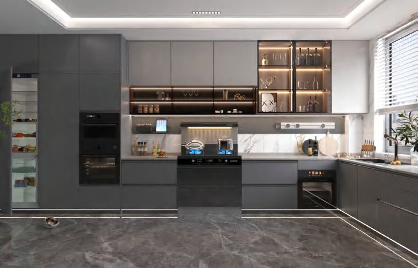 BUILD SOURCE™ Modern Greige High-Gloss PET Kitchen — Open-Plan P133 — 8" x 12" Sample