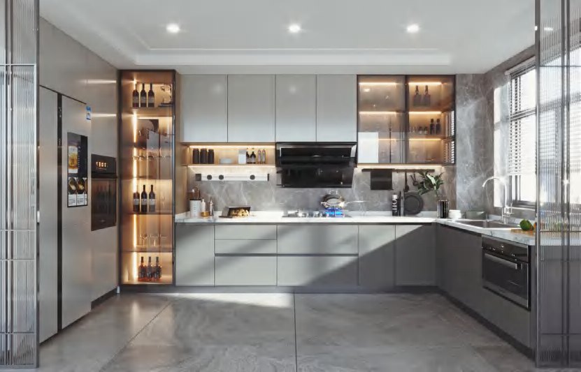 BUILD SOURCE™ Modern Greige High-Gloss PET Kitchen — L-Shape P134 — 8" x 12" Sample