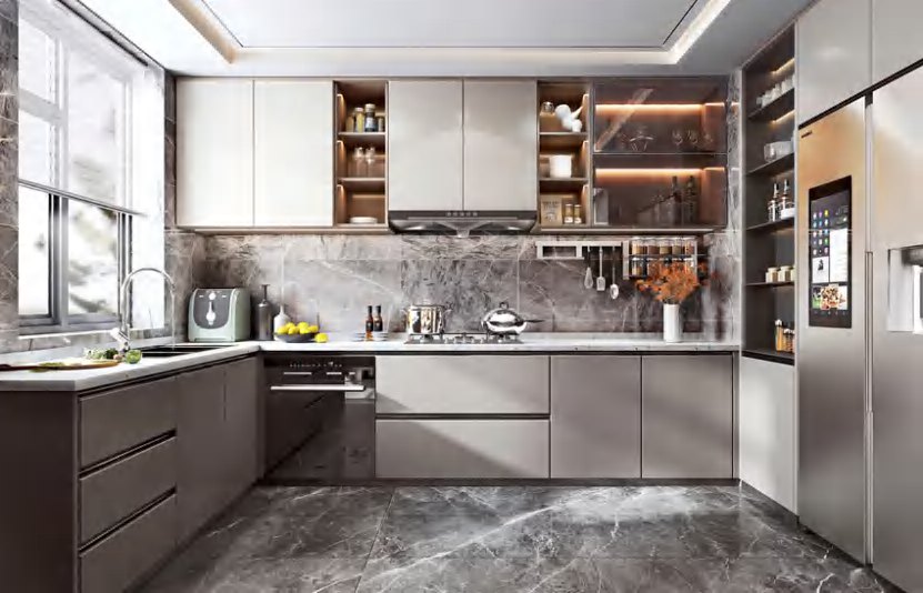 BUILD SOURCE™ Modern Natural Oak High-Gloss PET Kitchen — L-Shape P141 — 8" x 12" Sample