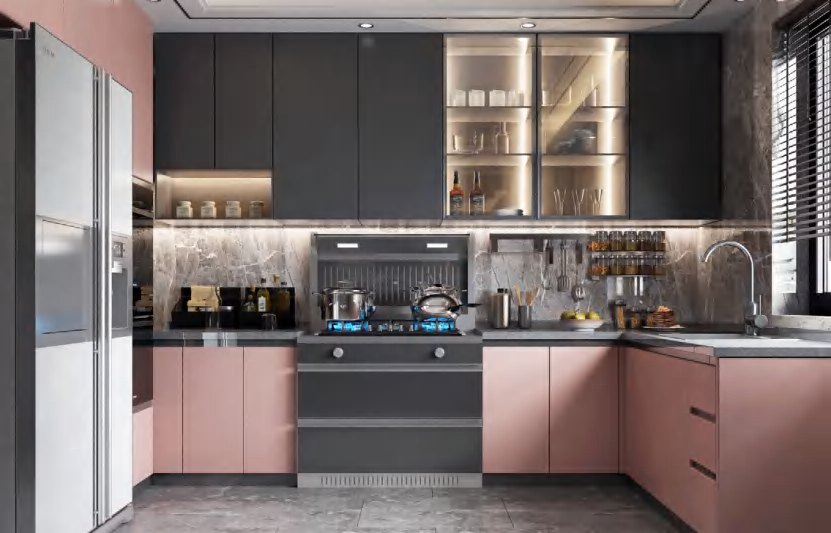 BUILD SOURCE™ Modern Sand Beige High-Gloss PET Kitchen — Peninsula P143 — 8" x 12" Sample