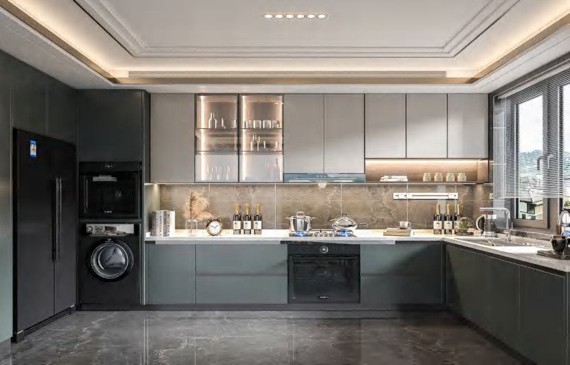 BUILD SOURCE™ Modern Sand Beige High-Gloss PET Kitchen — Open-Plan P145 — 8" x 12" Sample